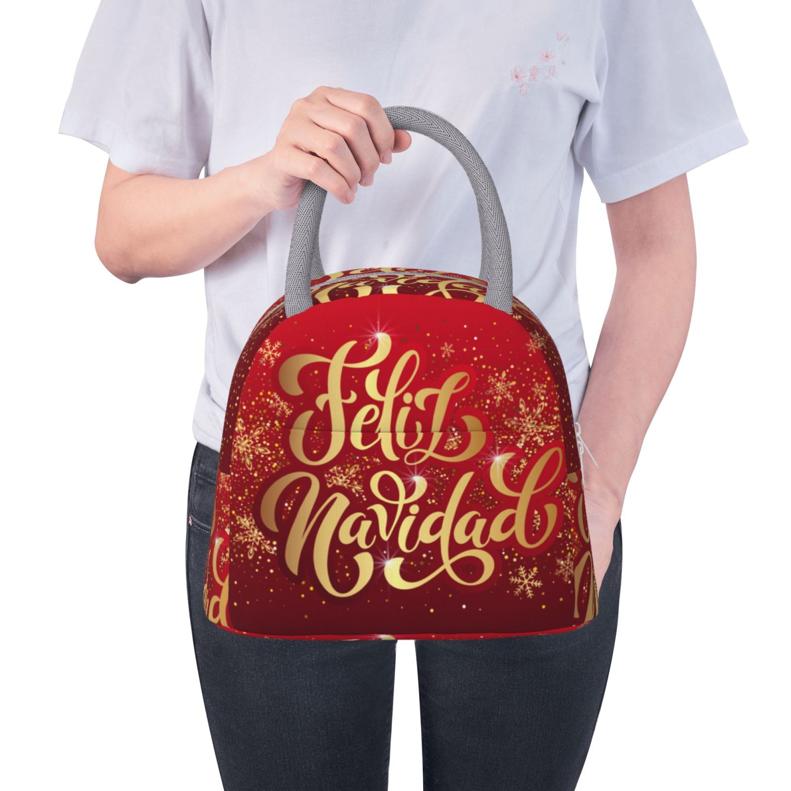 Horeoi Merry Christmas Pattern Large Insulated Lunch Bag for Work, School, Picnic - Waterproof, Durable Oxford Cloth, Comfortable Handle-Light Grey