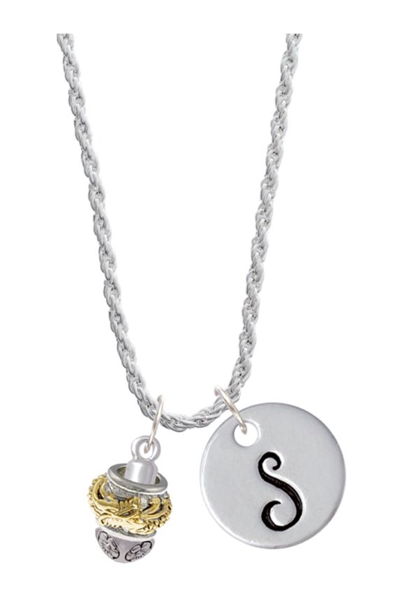Goldtone Dragon with Silvertone Border Spinner Silvertone Script Initial Disc - S - Charm Necklace, 20"+3"