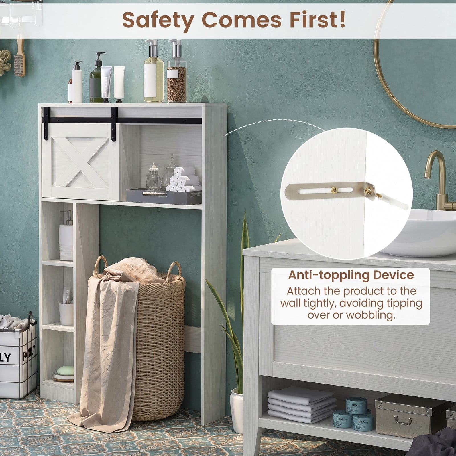ALPULON 4-Tier Over the Toilet Storage Cabinet with Sliding Barn Door and Open Side Shelves for Bathroom and Laundry Room, White