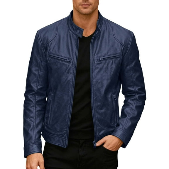 Mens Leather Motorcycle Jacket Stand Collar Punk Style Outerwear Coat Casual Riding Protective Gear Dark Blue Size M