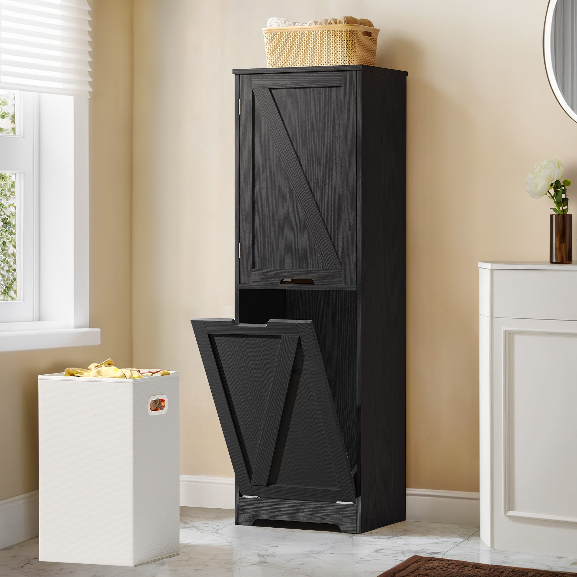 Dextrus 53" Tilt Out Laundry Hamper Cabinet, Laundry Hamper with Adjustable Shelf and Storage Basket, Black