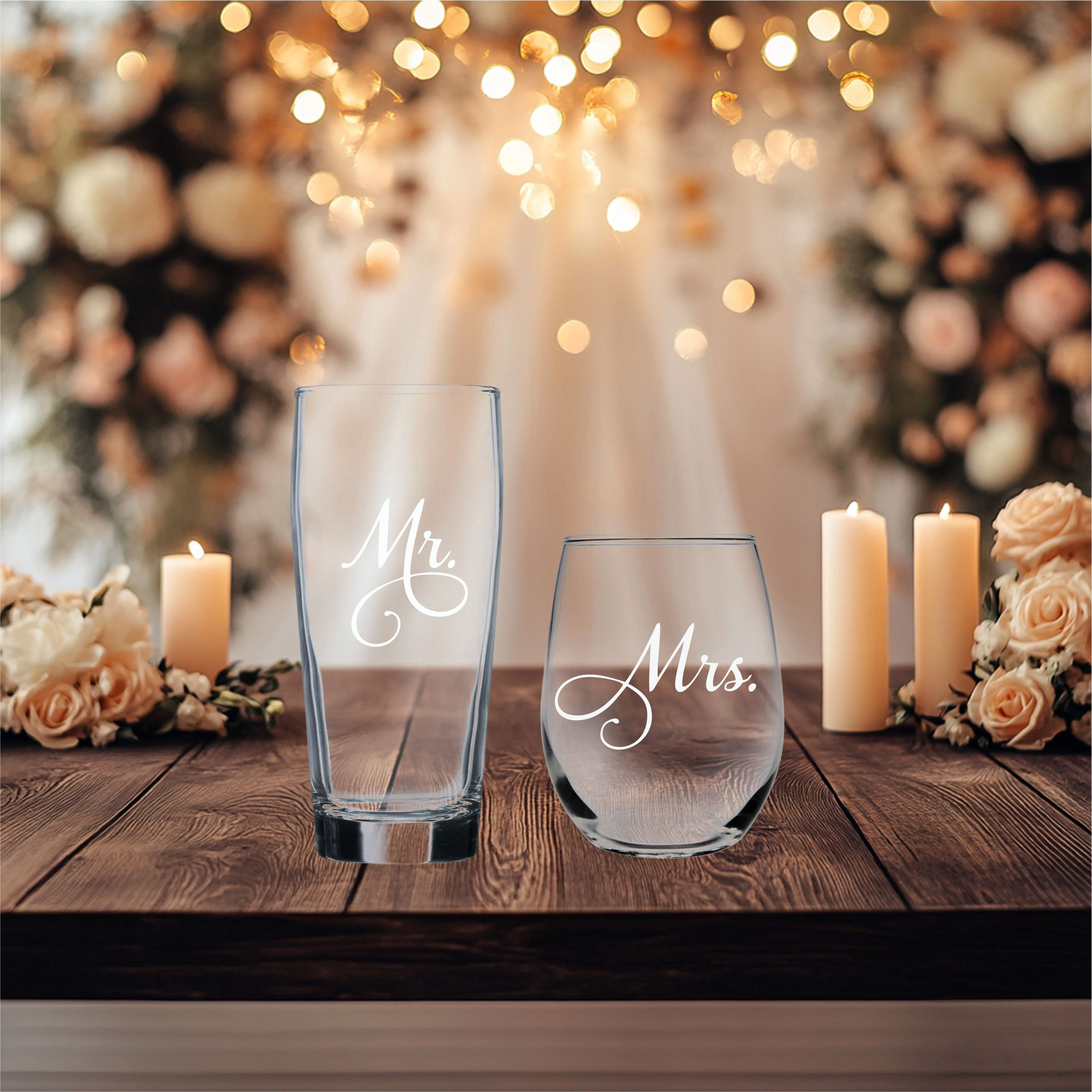 C&M Personal Gifts Mr. 20 oz Beer and Mrs. 15 oz Stemless Wine Glass Set of 2 - Bridal, Engagement, Weddings, Couple Gift
