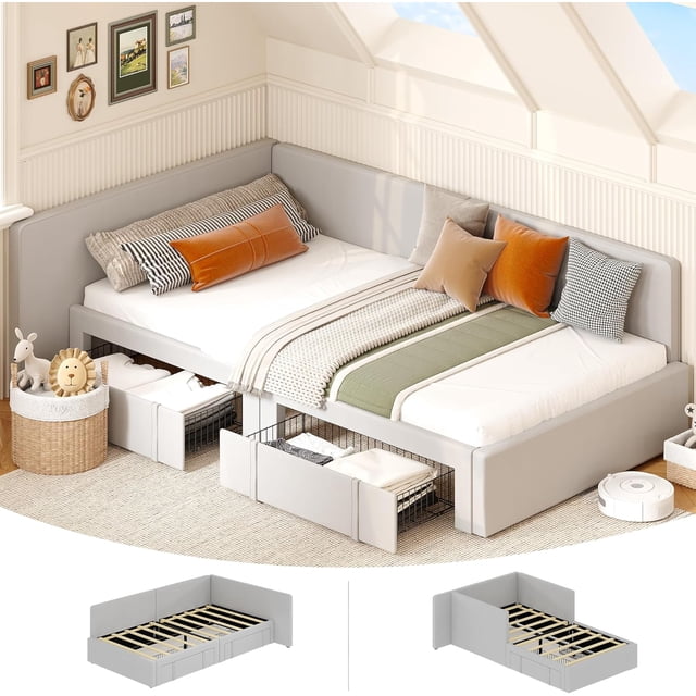Twin Daybed with Storage Drawers, Velvet Upholstered Corner Bed Frame with Headboard, Modern Kids Bed with Bed Rails for Living Room, Bedroom, Easy Assembly, Light Grey