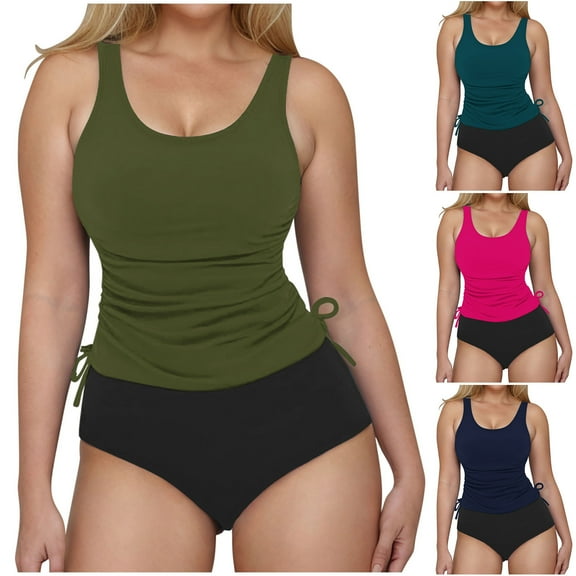 pstuiky Swim Suits for Women 2025 Two Piece, Women Solid Color Swimsuits V Neck Two Piece Bathing Suits with Drawstring Adjustable Bikini Set for Women Blackless Swimwear Army Green L