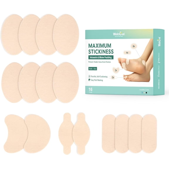 Welnove Moleskin Adhesive Pads for Feet - 16 Sheets Blister Bandages for Heels, Skin Tape Stickers for Foot Protection - 4 Shapes, Beige