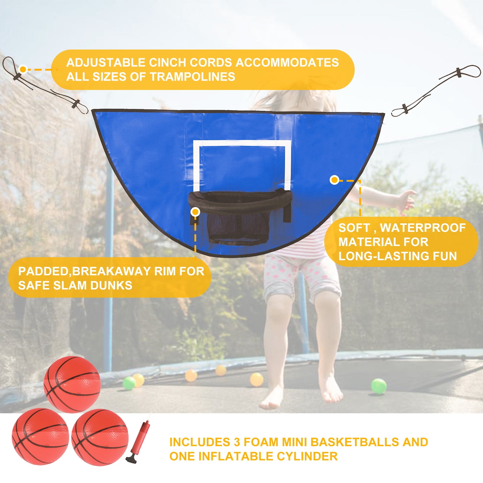 Trampoline Basketball Hoop with 3 Mini Basketball, Pump and Adjustable Length Drawstring, Waterproof Universal Basketball Hoop for Trampoline