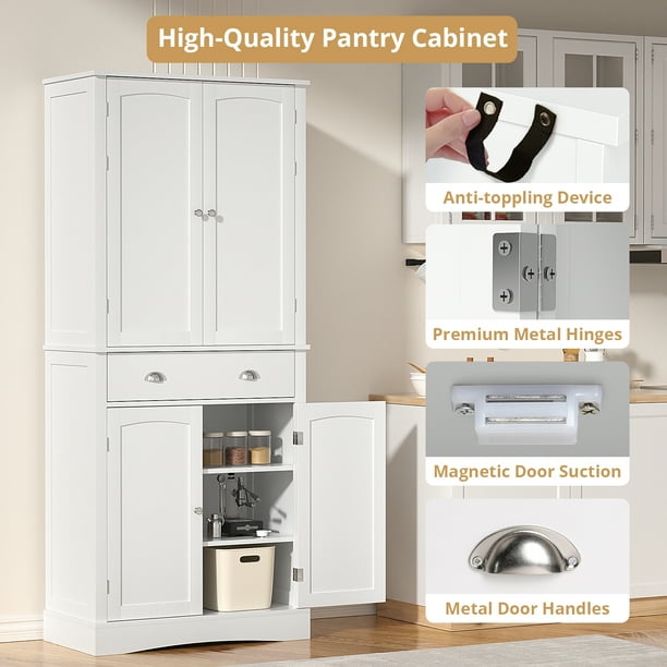 Richya 71 Tall Kitchen Food Pantry Cabinet with Drawer and Adjustable Shelves Kitchen Hutch Modern Buffet Cabinet Cupboard for Dining Room White