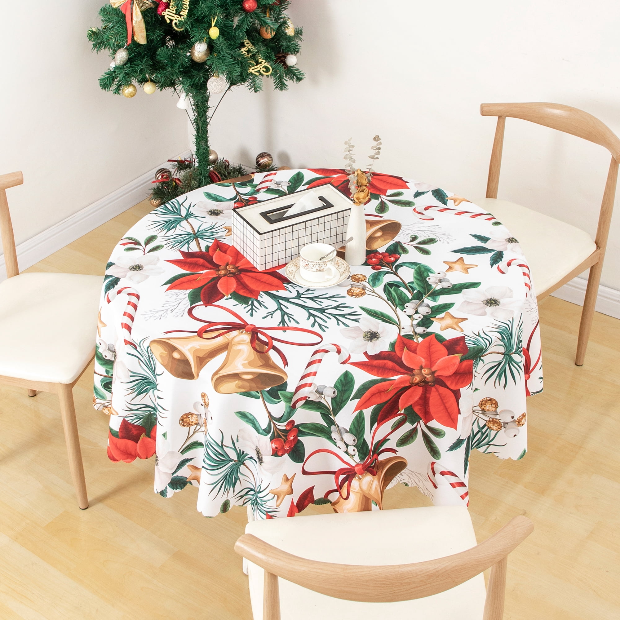 RAY STAR Polyester Christmas Tablecloth 60 inch Round Machine Washable Table Cloths, Thick Can not See Through Heavy Duty Tablecloth