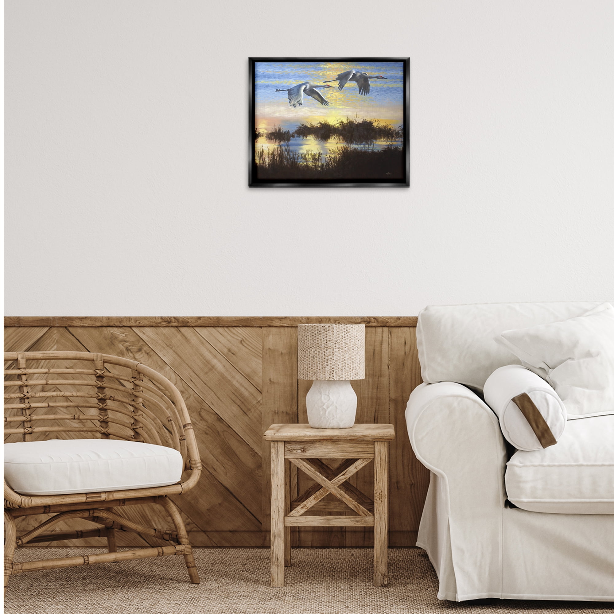 Stupell Industries Two Cranes Over Lake Landscape Painting Black Floater Framed Canvas Art Print Wall Art, 21 x 17