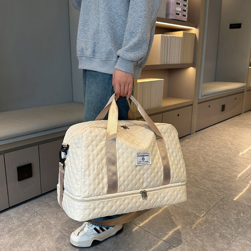 Travel Duffel Bag, Model for Women, with Wet Pocket, 1-Pack, Medium Size - Grid-beige for Overnight, Gym, Hospital Use