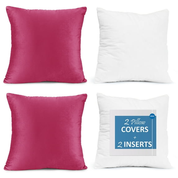Nestl Plush 2 Pack Solid Decorative Microfiber Square Throw Pillow Cover with Throw Pillow Insert for Couch, Hot Pink, 26" x 26"