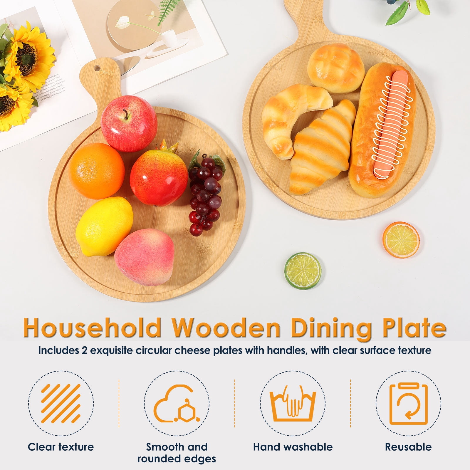 2Pcs Pizza Board with Handle Bamboo Round Cutting Board for Kitchen Pizza&nbsp;Cheese Baking Bread&nbsp;Steak Fruit Dinner Serving Tray for Daily Gathering Wedding Baby Shower