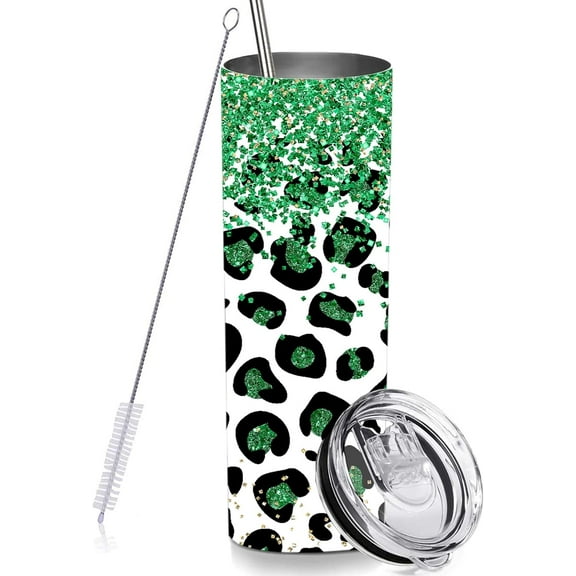 St Patrick's Day Skinny Tumblers with Lids and Straws, Glitter Green Leopard Print Stainless Steel Vacuum Insulated Travel Tumbler Cups 20 OZ