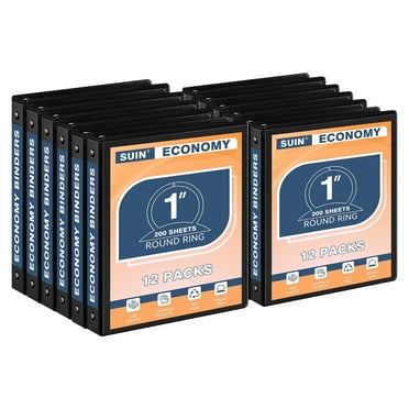 SUIN Economy 1 inch 3 Ring Binder for Work, Clear View Cover, Two Pocket, 12-Pack, Black