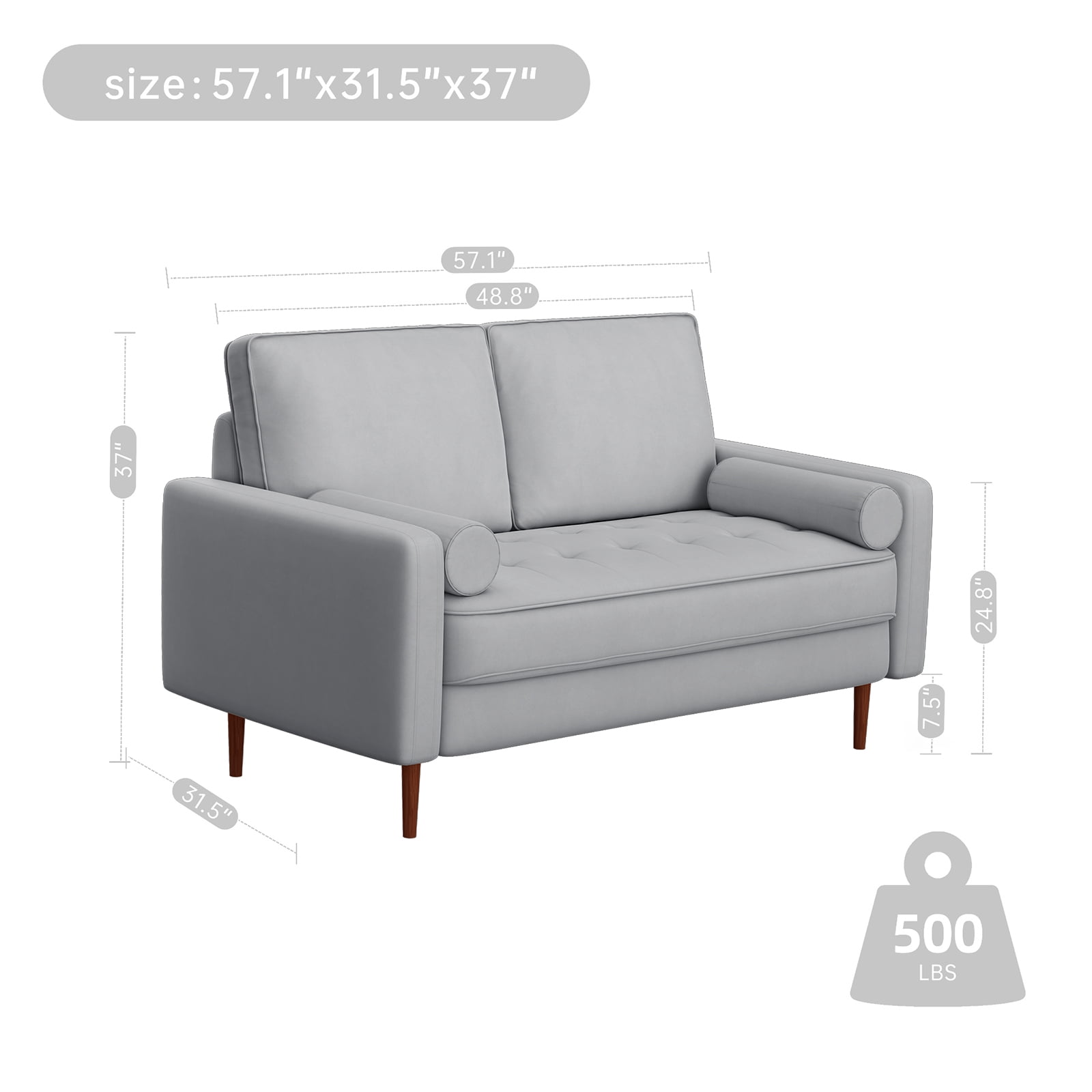 Dixie 57" Small Sofa Loveseat Couch, Premium Velvet Fabric And 2 Bolster Pillows Suitable for Apartment or Small Living Room, Grey