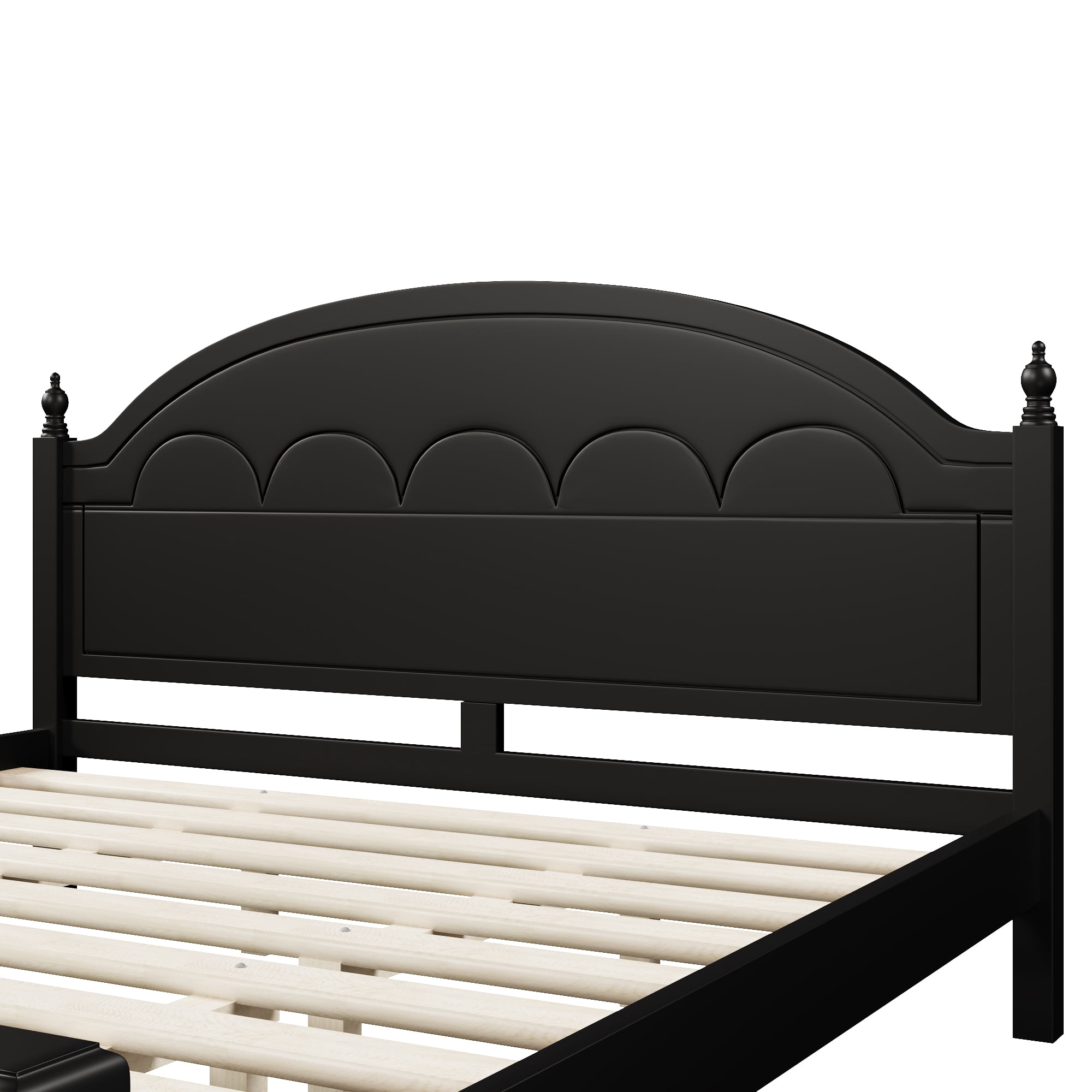 Alvantor King Bed Frame, Wooden Bed with Arched Headboard Classic Design, Black