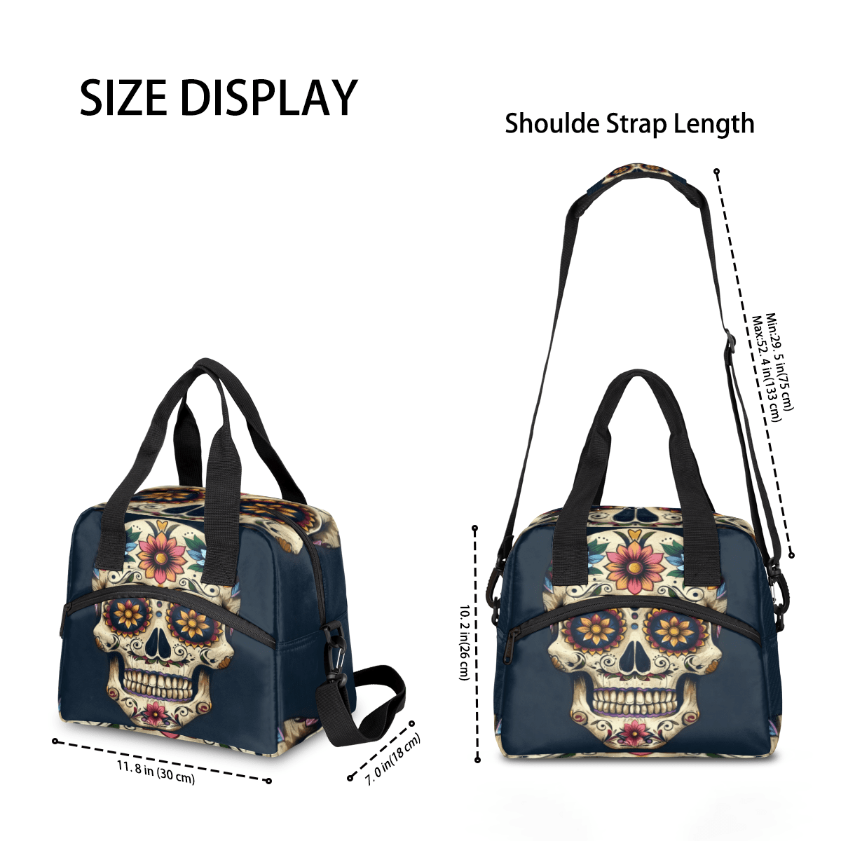 Herdesigns Day Of The Dead Skull With Floral Insulated Lunch Bag for Women Men Adults Large Reusable Lunch Box Leakproof Portable Cooler Tote Bags with Adjustable Shoulder Strap