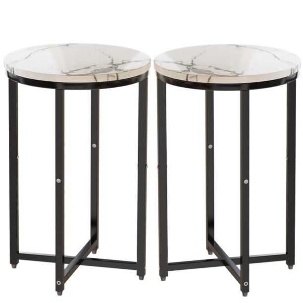AWQM Round Side Table, 2Piece Faux Marble End Table with Metal Frame