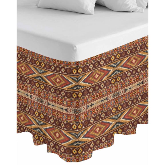 Brown Southwest Aztec Wrap Around Bed Skirts for Queen Bed 18" Drop,Bed Skirt with Adjustable Elastic Belt Dust Ruffle Bed Valance for Bedroom Hotel Luxury Farmhouse Vintage Geometric Bed Frame Cover