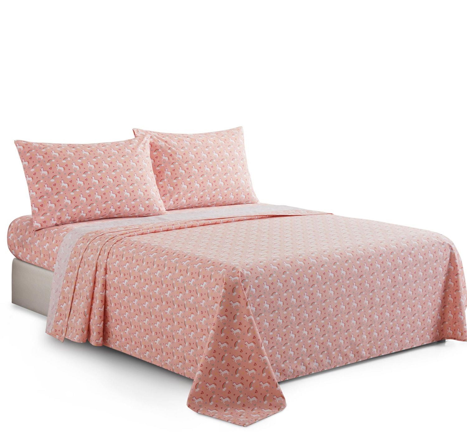 Literie Marina Décoration pour enfants, filles et tout-petits, imprimée, 600 fils au pouce carré, douce, en mélange de coton percale, toutes saisons, motif licorne rose et arc-en-ciel