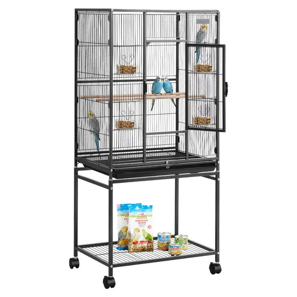 VEVOR Bird Cage, 24.6 x 16.7 x 53.9 inch, Flat Top, Wrought Iron Bird Flight Cage with Perches, Slide-Out Tray and Plastic Feeders, Casters, for Parrot, Blue Tit, Cockatiel, Canary, Budgerigar, Conure