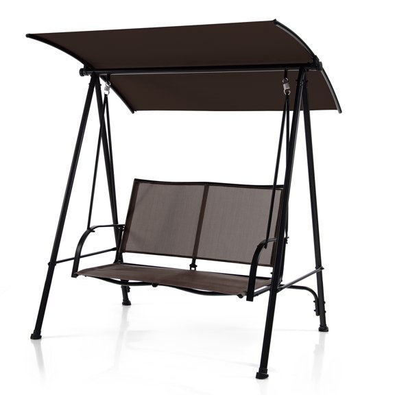 Spaco 2-Seat Outdoor Canopy Swing with Comfortable Fabric Seat and Heavy-duty Metal Frame-Brown, 2-Seater Hanging Bench, Pillow for Backyard Garden Poolside