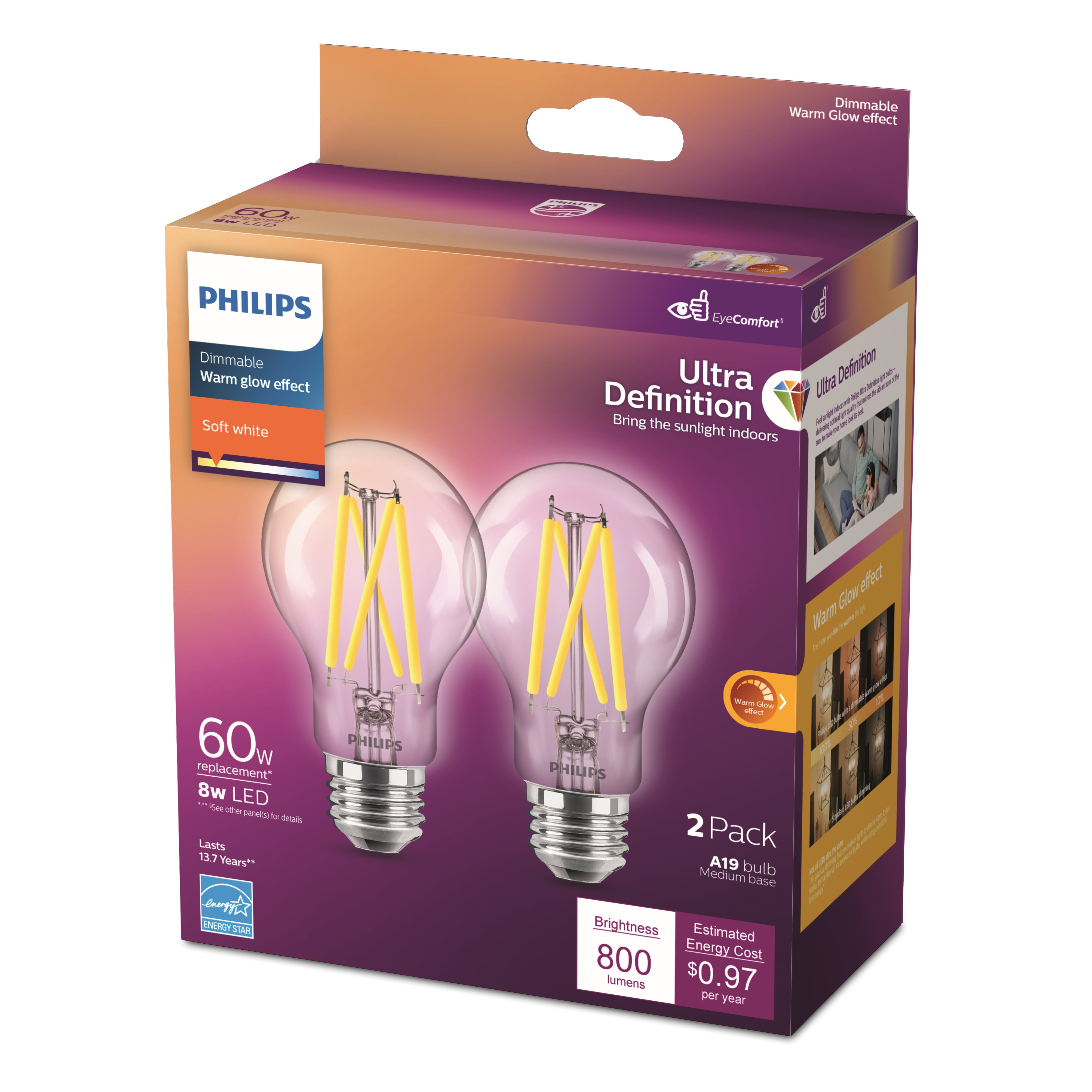 teleurstellen bom Samenwerking Philips Ultra Definition LED 60-Watt A19 Filament Light Bulb, Clear Soft  White, Dimmable, E26 Medium Base (2-Pack) - Walmart.com