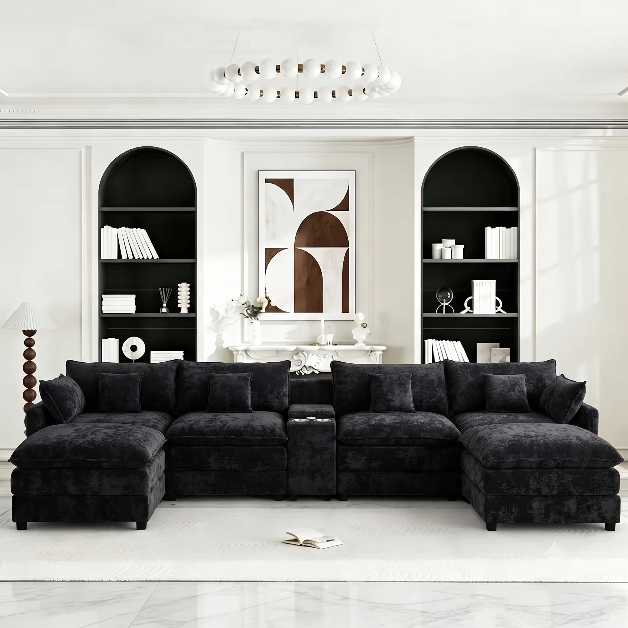 Vinform 145" U Shaped Cloud Couch Sectional with USB Charging, Hidden Storage, Cup Holders & Chenille Double Chaise, Black