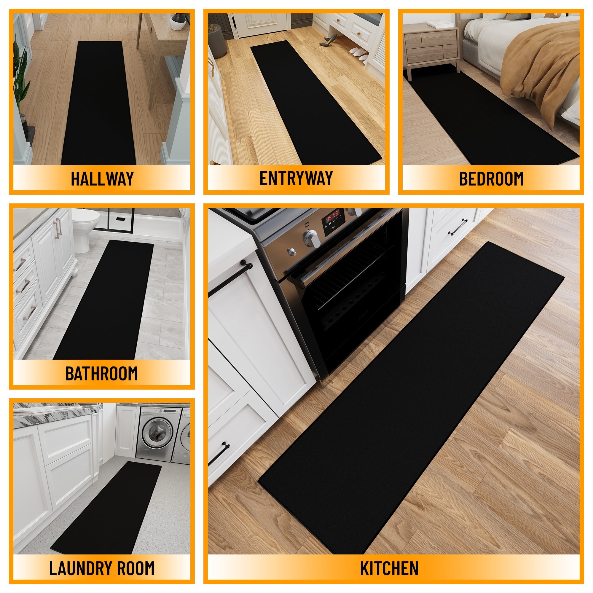 Ottomanson Hallway Runner Rug Non-Slip Low Pile Stain Resistant, Solid Black, 2'7" x 9'