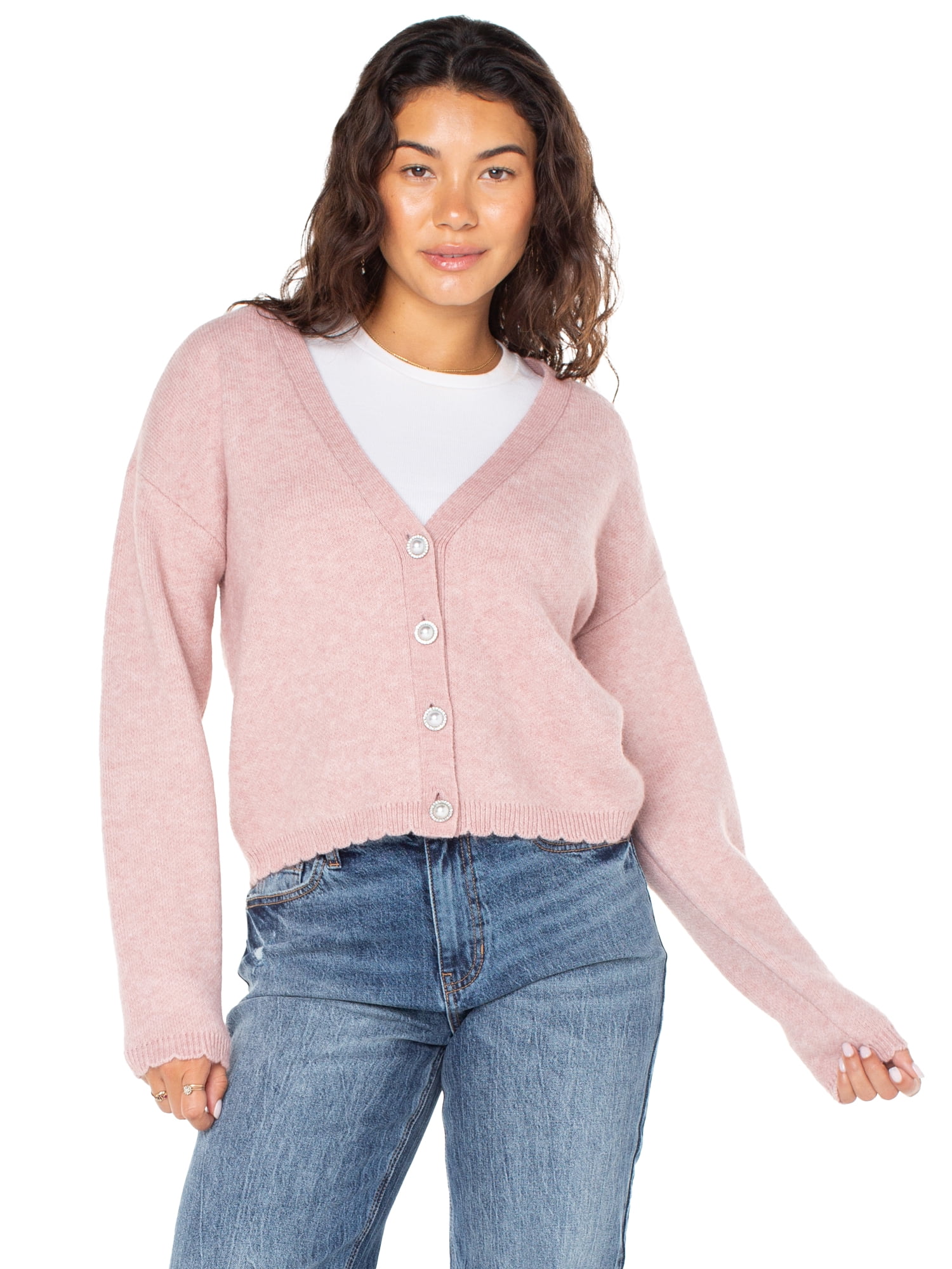 Celebrity Pink Women's Scalloped Hem Jewel Button Cardigan Sweater with Long Sleeves, Sizes XS-XXXL