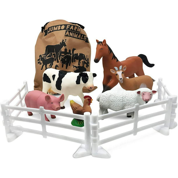 Plastic Farm Animals for Toddlers - 10 Piece Jumbo Set Includes Fences and  Carrying Bag 