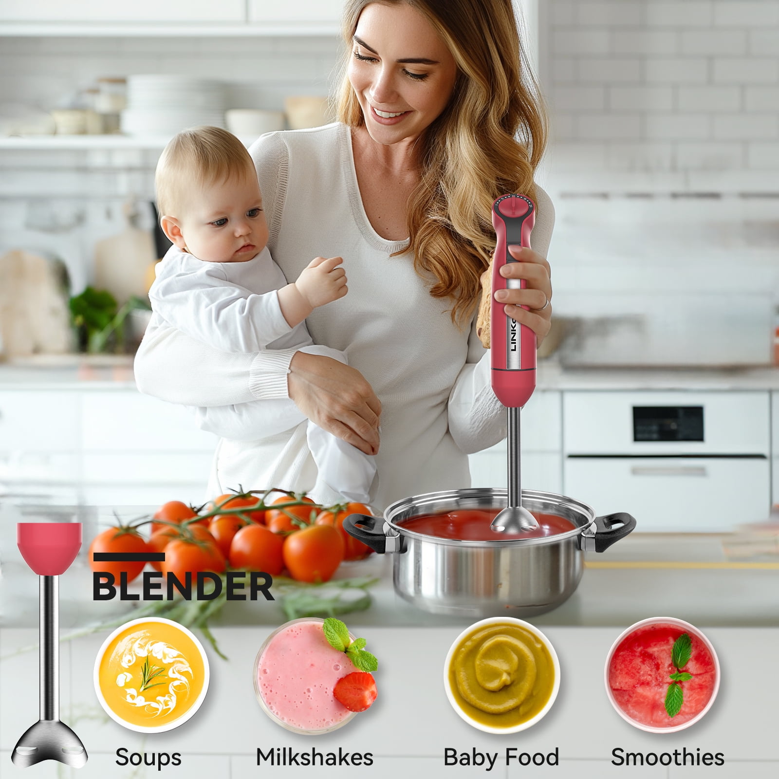 LINKChef Immersion Blender, 20Speed 1000W 5in1 Immersion Hand Blender, Stick Blender with Turbo Mode(图4)