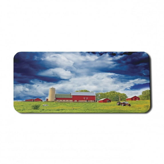 Country Computer Mouse Pad, Landscape Scenery View Warehouse Barn Clear Clouds Fields Photo, Rectangle Non-Slip Rubber Mousepad X-Large, 35" x 15" Gaming Size, Apple Green White, by Ambesonne