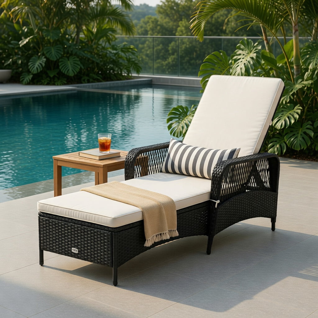 Hommoo Adjustable PE Wicker Chaise Lounge Chair with Lumbar Pillow, Outdoor Patio Recliner, Weather-Resistant Steel Frame, Off-White