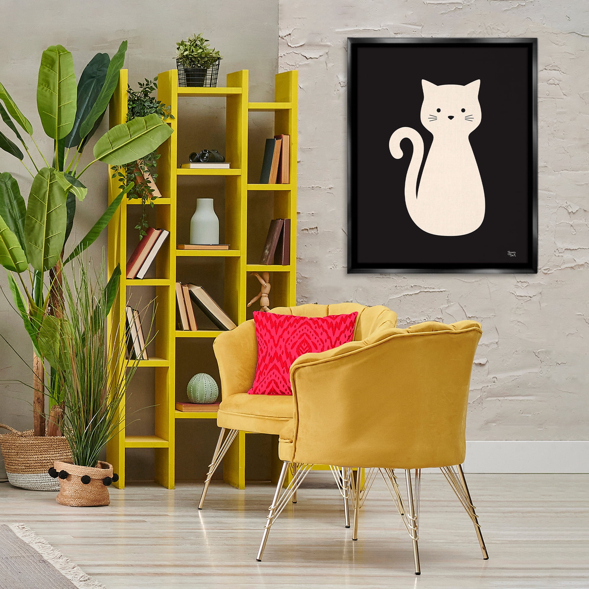 Stupell Industries Feline Grace White Cat Animals Painting Black Floater Framed Canvas Art Print Wall Art, 25 x 31