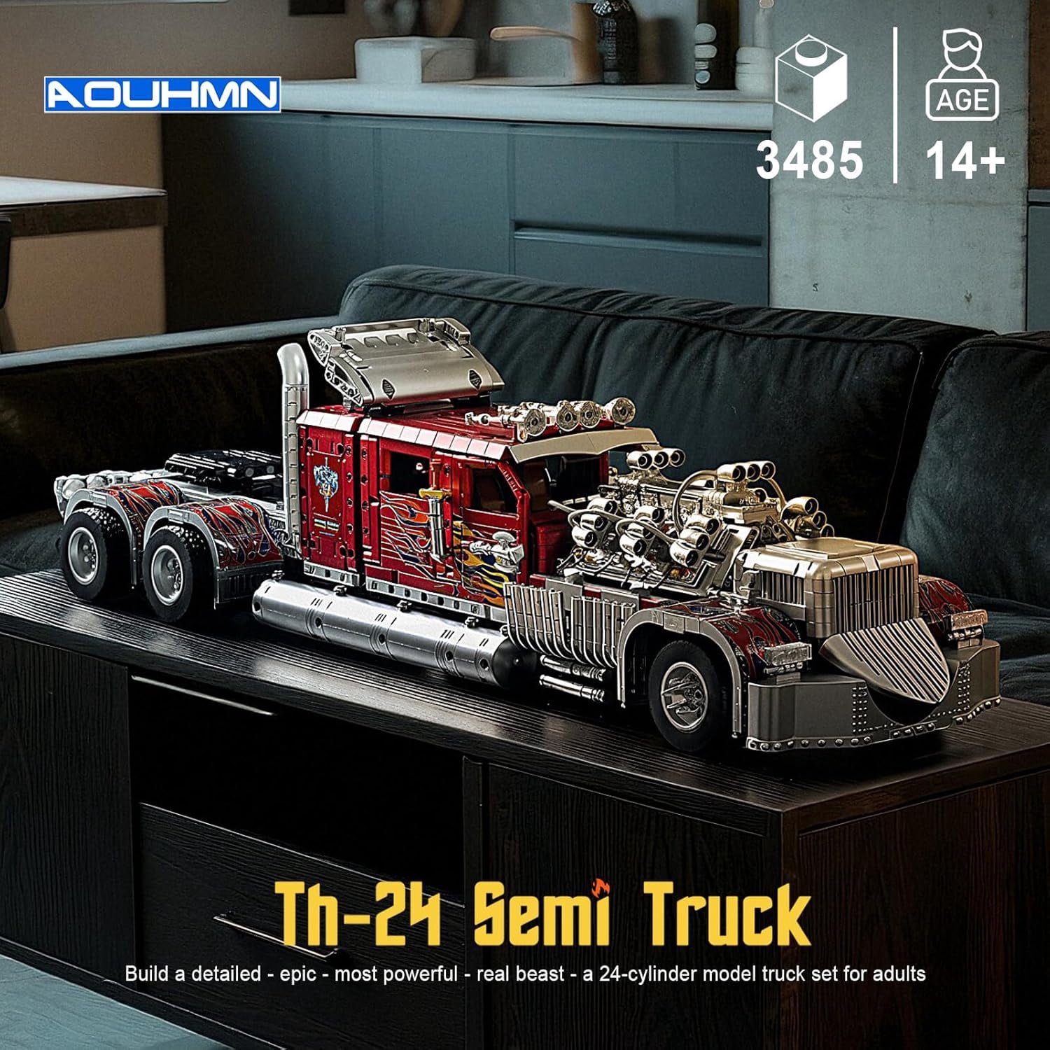 TH-24 Semi Truck Model Car Kits, Advanced Collectible Building Set for Adults, Heavy Monster Truck Toy with Powerful 24-Cylinder Engine, Home or Office Décor, Gift for Engineering Vehicles Lover