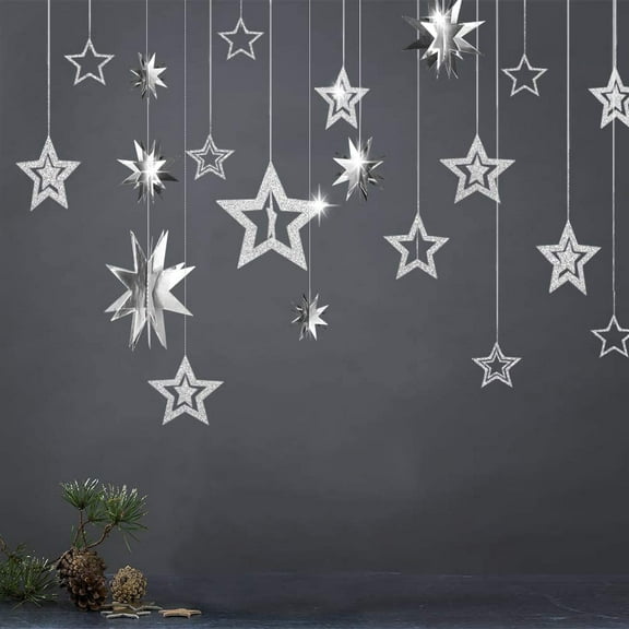 Cheerland Glitter Silver Star Garlands 3D Star Hanging Decorations, 6.6 ft