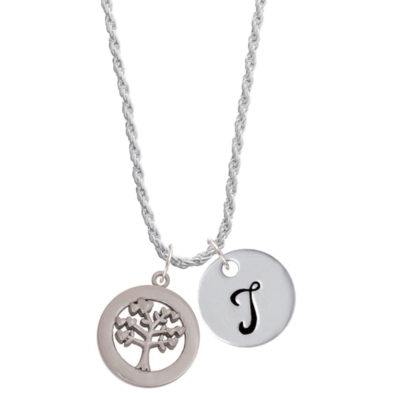 Delight Jewelry Stainless Steel Tree of Life in Eternity Ring - Silvertone Script Initial Disc - T - Charm Necklace, 20"+3"