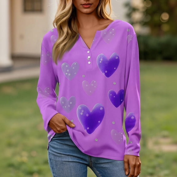 Valentine Clothes for Women Long Sleeve Henley V Neck Lightweight Tops Spring Fashion Tees Heart Print Button Down Tshirts