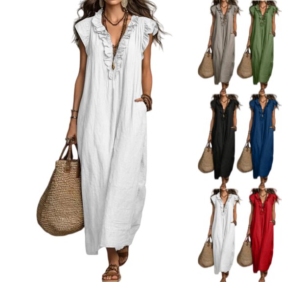 longantii Summer Dresses for Women 2026 Sleeveless V Neck Ruffle Cap Sleeve Long Dress with Pockets Beach Vacation Outfits White XL
