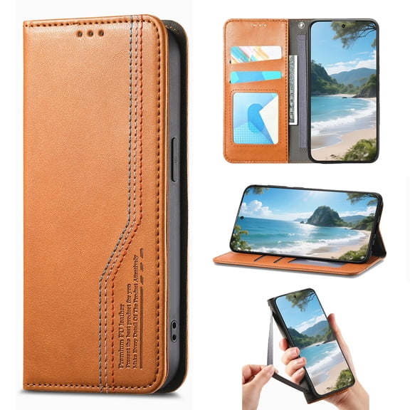 Wallet Case for Motorola Edge 2024, PU Leather Flip Cover with Elastic Wristband, Kickstand Shockproof Card & Cash Slots, Magnetic Closure Drop Protective Rugged Phone Cover, Brown