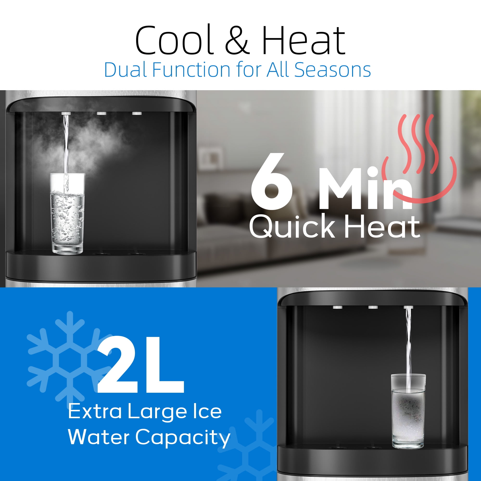 Patiosunny Bottom Load Water Cooler Dispenser for 5 Gallon Bottles, 3 Temperatures (Hot, Cold, and Room), Rapid cooling, LED Lighting, Empty Bottle Alert, Silver
