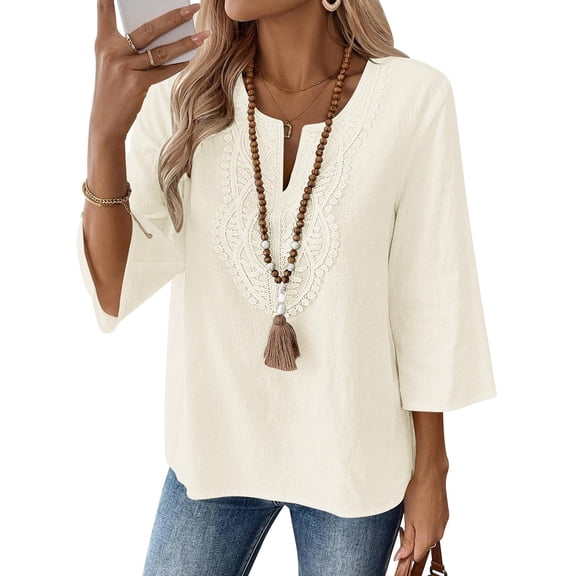 Top LOMON de algodón y lino con cuello en V y mangas 3/4 para mujer, color albaricoque