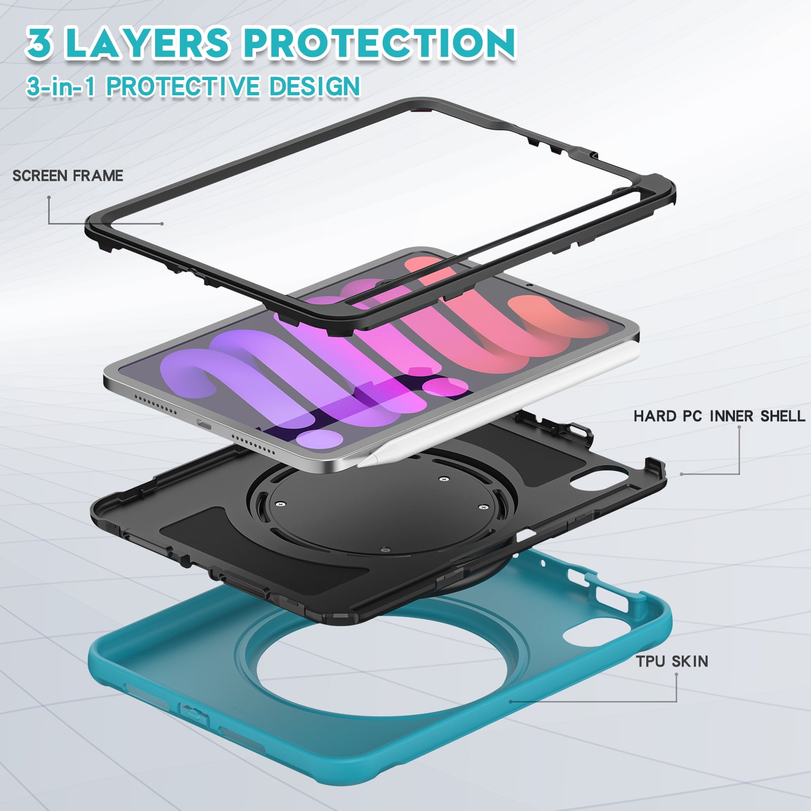 Portable Rugged Case for 2021 Apple iPad Mini 8.3-Inch (6th Generation 2021 Release) - Rotating Stand Handle Case, Built-in Pencil Holder, Lightweight Shockproof Hard Composite Cover (Dark Green)