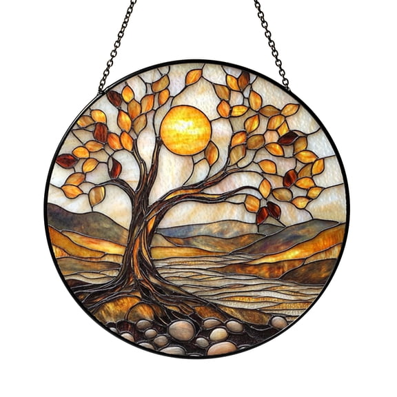 Peaceful Forest River Stained Glass Style Suncatcher Window Hanging Decor, Landscape Window Ornament Decorative Glass Art Panel for Nature Inspired Home Decor