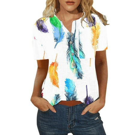 

Womens Casual Fashion Flower Feather Printing Buttons O Neck Short Sleeve Tops T Shirt Blouse Long Sleeve T Shirt Women under Scrubs Medium Women Shirt Tech Stretch Pack of T Shirts Women Long Sleeve