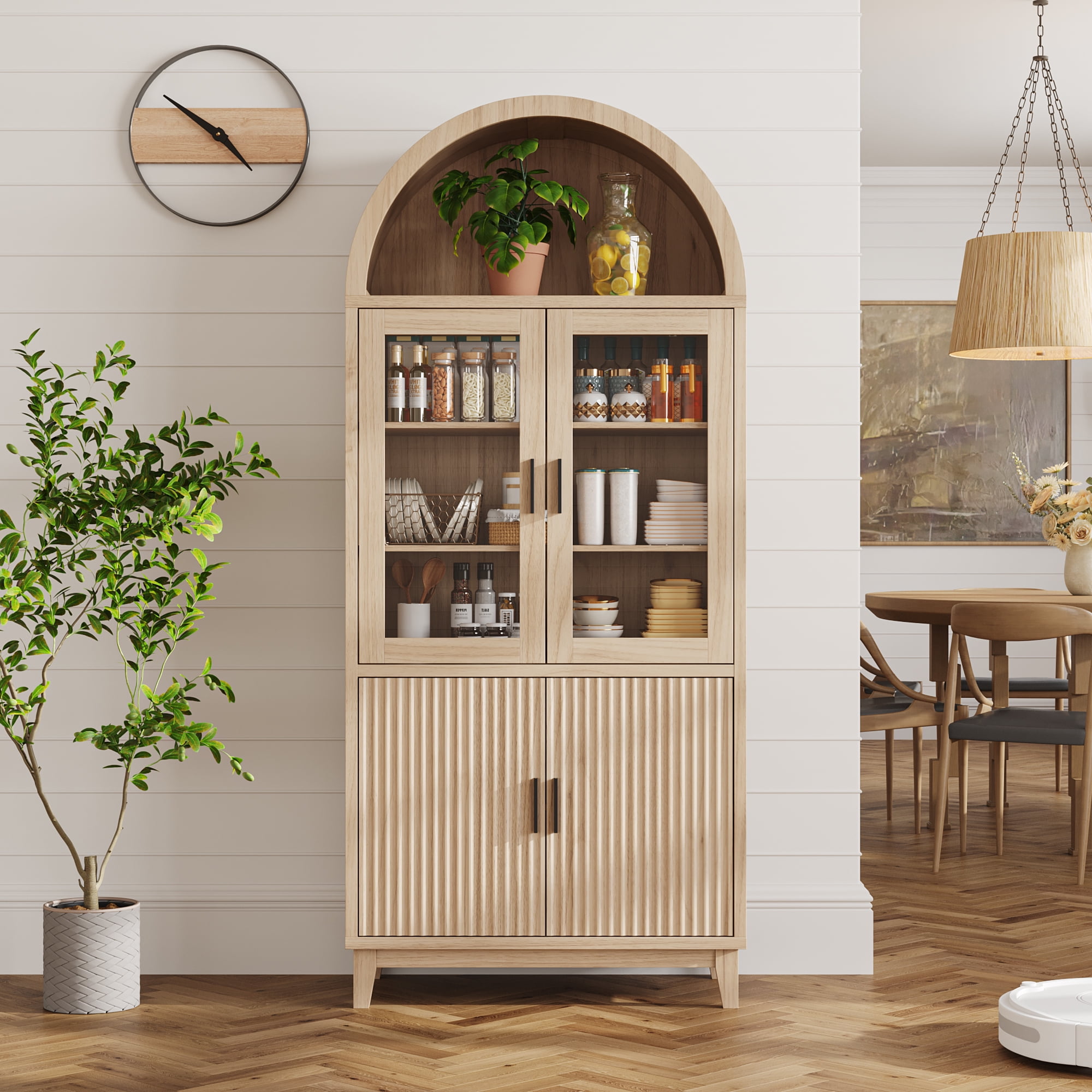 VEANERWOOD 71" Tall Arch Cabinet, Wood Fluted Kitchen Kitchen Storage Cabinet with 4 Doors and 6 Shelves for Dining Room Living Room