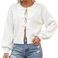 thumbnail image 2 of TGSLY Women's Tie Front Bow Cardigan Sweaters Lightweight Soft Crew Neck Long Puff Sleeve Knit Tops Loose Causal Solid Color Cropped Cardigans M, 2 of 8