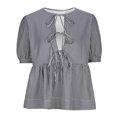 thumbnail image 4 of Women Y2K Puff Short Sleeve Peplum Shirts Tie Front Ruffle Hem Babydoll Blouse Tops Teen Girls Lace up Cute Summer Tops, Limited Time Offer, Under 10 Dollars, 4 of 6