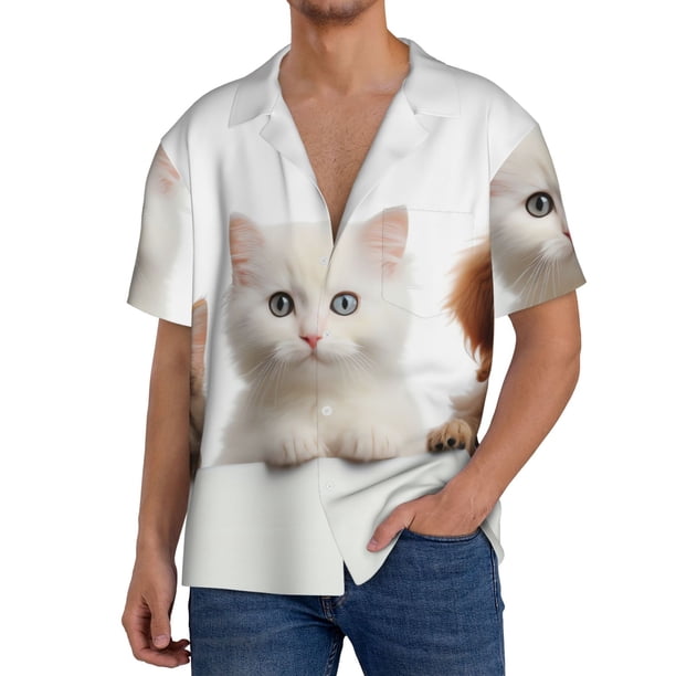 Fotbe Cute Kittens And Puppy Camisa Estampada de Manga Corta para Hombre, Casual de Verano, Estilo Playero, Sin Arrugas-Medium
